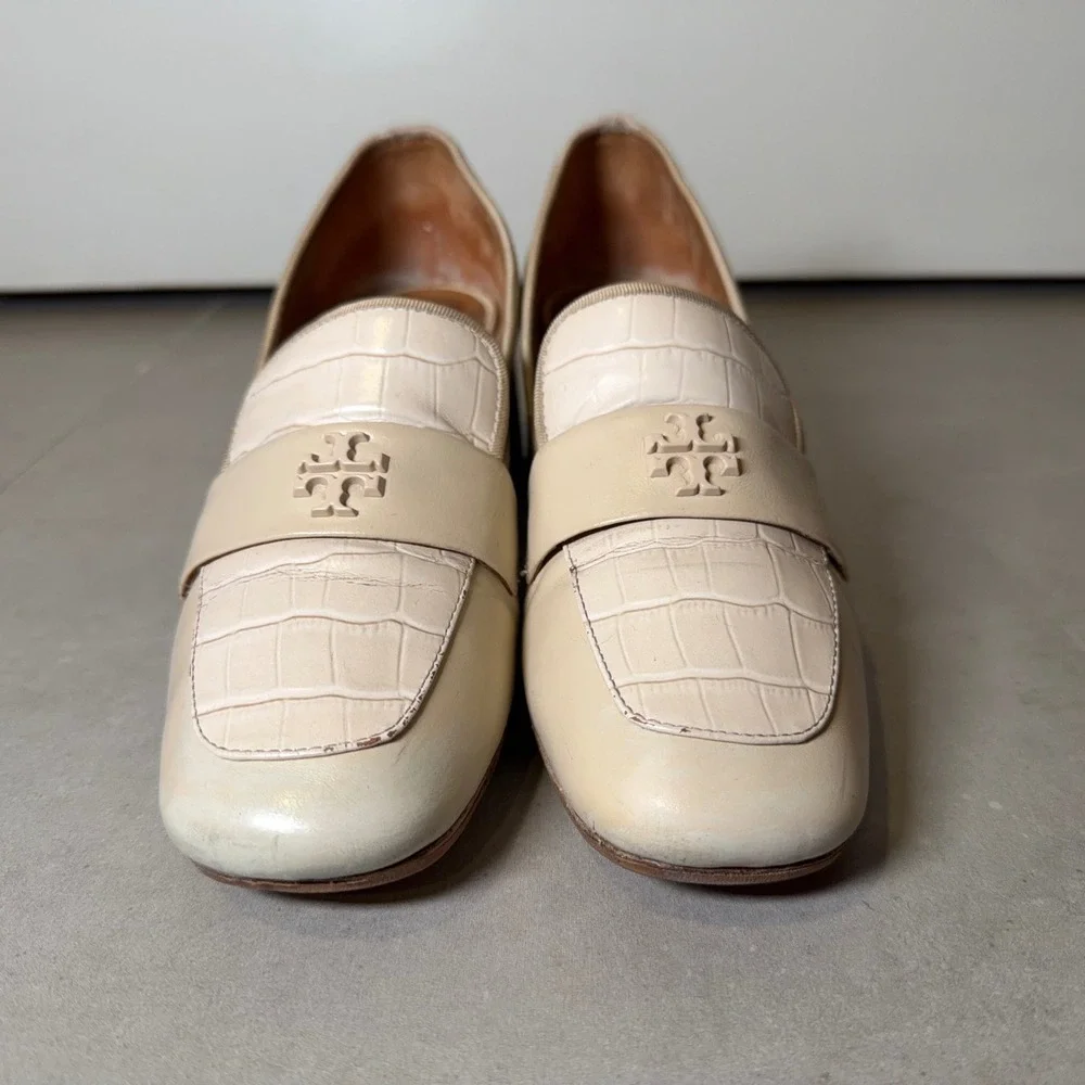 Tory Burch Everly Loafers 8M Cream Leather Block Heel Croc Double T Professional
